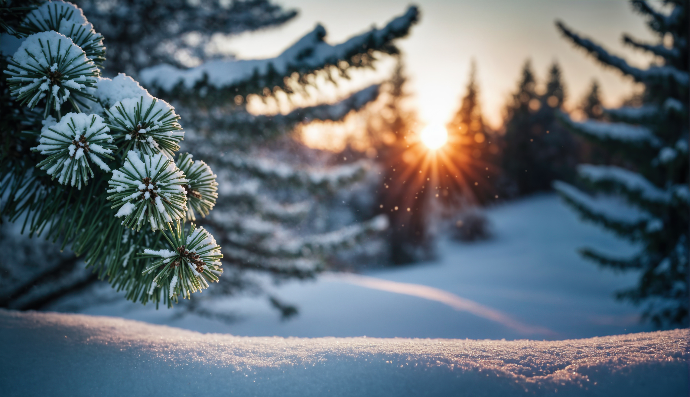 A snow covered forest with a tree branch in the foreground