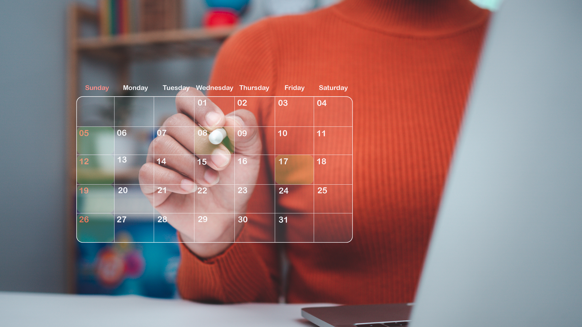 Business woman marking dates on virtual calendar, Managing his business schedule, Setting reminders for important appointments, creative collage for planning ideas, Appointment scheduler.